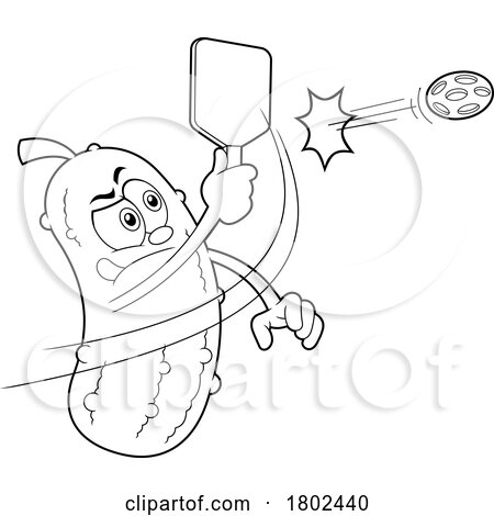 Cartoon Black and White Clipart Pickleball Pickle Mascot Swinging by Hit Toon