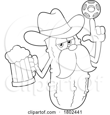 Cartoon Black and White Clipart Cowboy Pickleball Pickle Mascot Holding a Beer by Hit Toon