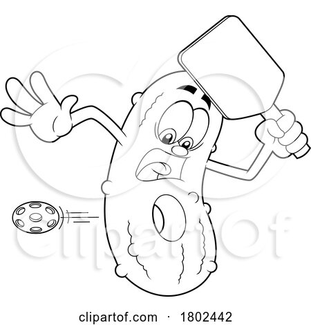 Cartoon Black and White Clipart Pickleball Pickle Mascot with a Ball Making a Hole by Hit Toon