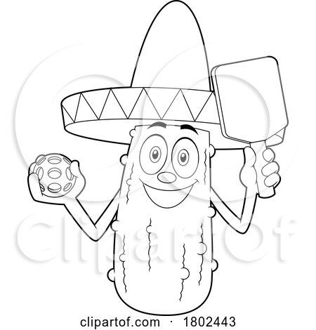 Cartoon Black and White Clipart Mexican Pickleball Pickle Mascot by Hit Toon