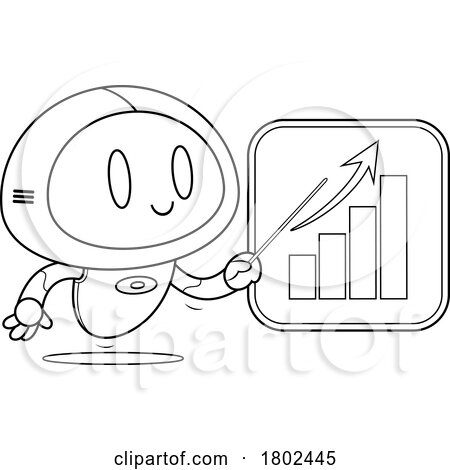 Cartoon Black and White Clipart Robot Showing a Growth Chart by Hit Toon