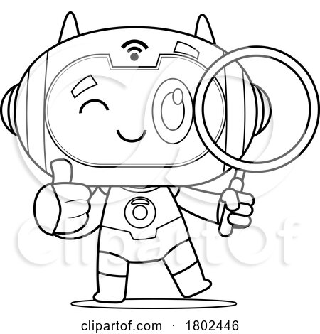 Cartoon Black and White Clipart Robot Searching by Hit Toon