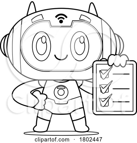 Cartoon Black and White Clipart Robot Holding a Check List by Hit Toon