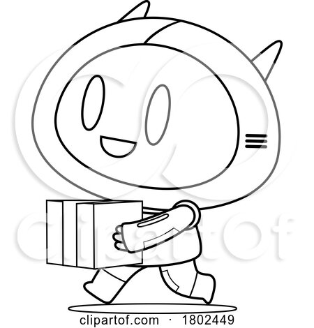 Cartoon Black and White Clipart Robot Carrying a Box by Hit Toon