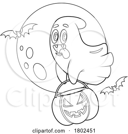 Cartoon Black and White Clipart Ghost Flying with a Pumpkin Halloween Candy Bucket Against a Full Moon by Hit Toon