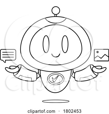 Cartoon Black and White Clipart Robot Holding Message and Photo Icons by Hit Toon