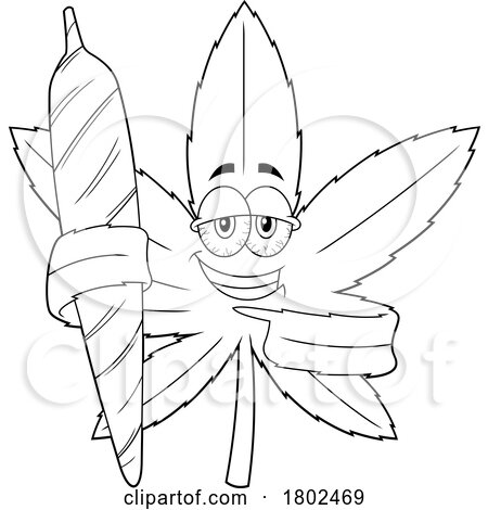 Cartoon Black and White Clipart Cannabis Marijuana Pot Leaf Character Holding a Doobie by Hit Toon