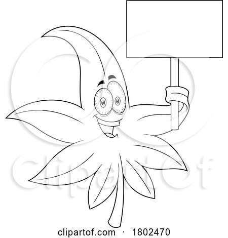 Cartoon Black and White Clipart Cannabis Marijuana Pot Leaf Character with a Sign by Hit Toon