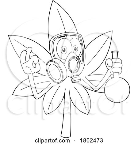 Cartoon Black and White Clipart Cannabis Marijuana Pot Leaf Character Wearing a Mask and Holding a Bong by Hit Toon