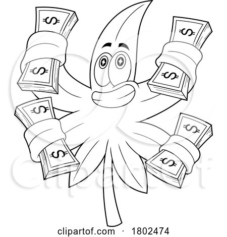 Cartoon Black and White Clipart Cannabis Marijuana Pot Leaf Character with Cash by Hit Toon