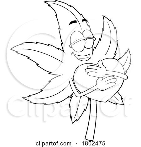 Cartoon Black and White Clipart Cannabis Marijuana Pot Leaf Character Hugging a Heart by Hit Toon