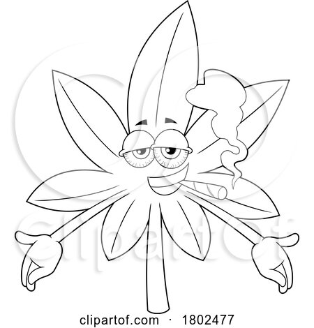 Cartoon Black and White Clipart Cannabis Marijuana Pot Leaf Character Smoking a Doobie by Hit Toon