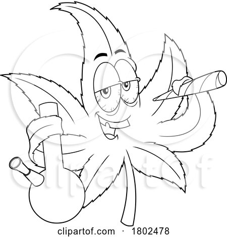 Cartoon Black and White Clipart Cannabis Marijuana Pot Leaf Character Smoking a Doobie and Holding a Bong by Hit Toon