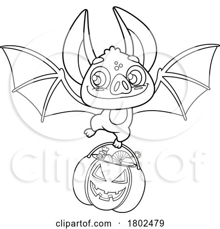 Cartoon Black and White Clipart Vampire Bat with a Pumpkin Halloween Candy Bucket by Hit Toon