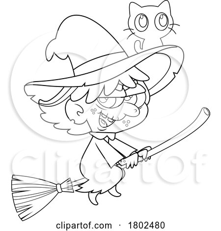 Cartoon Black and White Clipart Halloween Witch Flying with a Black Cat on Her Hat by Hit Toon