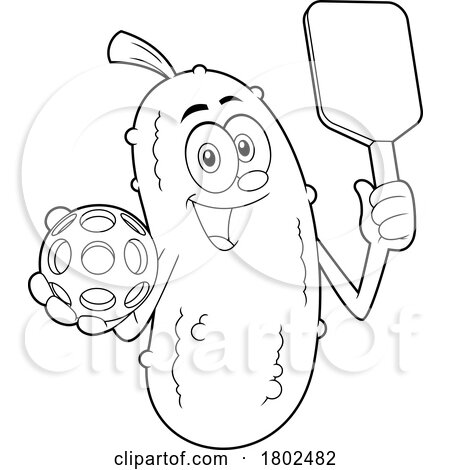 Cartoon Black and White Clipart Pickleball Pickle Mascot Holding a Paddle by Hit Toon