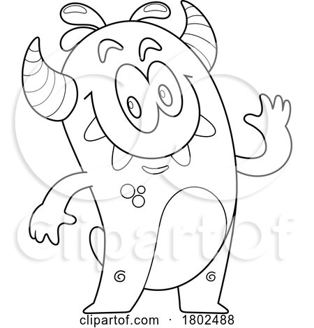 Cartoon Black and White Clipart Waving Monster by Hit Toon