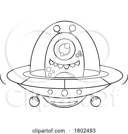 Cartoon Black and White Clipart Cyclops Alien Flying a UAP by Hit Toon