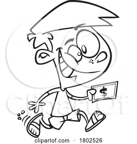 Clipart Black and White Cartoon Boy Running with Cash Money by toonaday