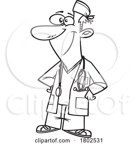 Clipart Black and White Cartoon Surgeon with Hands on His Hips by toonaday