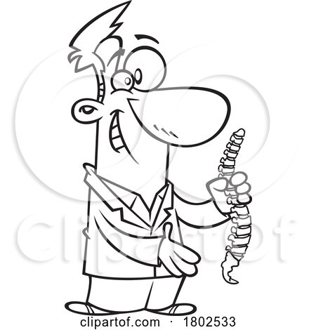 Clipart Black and White Cartoon Chiropractor Holding a Spine Model by toonaday