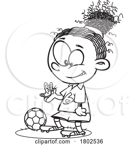 Clipart Black and White Cartoon Soccer Player Girl Distracted by a Butterfly by toonaday