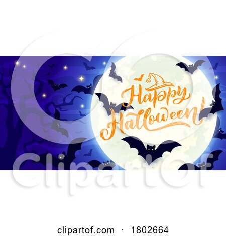 Full Moon Bats and Happy Halloween Text by Vector Tradition SM