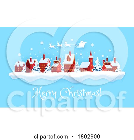 Santa Claus over a Village and Merry Christmas Text by Vector Tradition SM