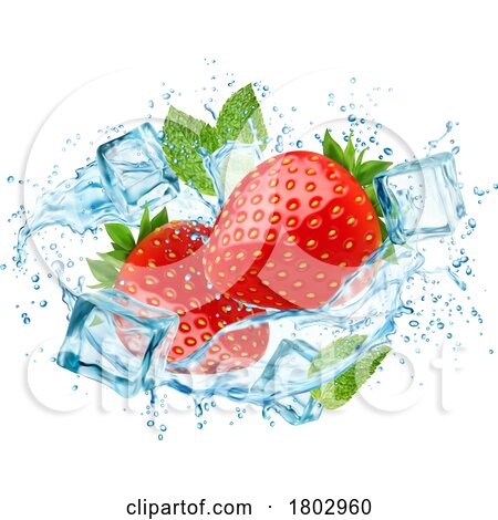 3d Ice Cube Strawberry Mint and Water Splash by Vector Tradition SM