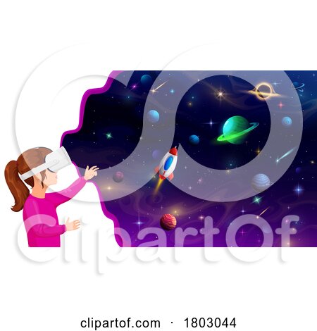 Girl Using VR Goggles to Learn About Outer Space by Vector Tradition SM