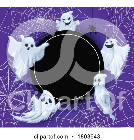 Halloween Background of Ghosts Spider and Webs Around a Frame by Vector Tradition SM