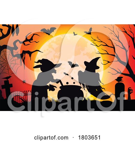 Silhouetted Halloween Witch and Ghost in a Cemetery by Vector Tradition SM