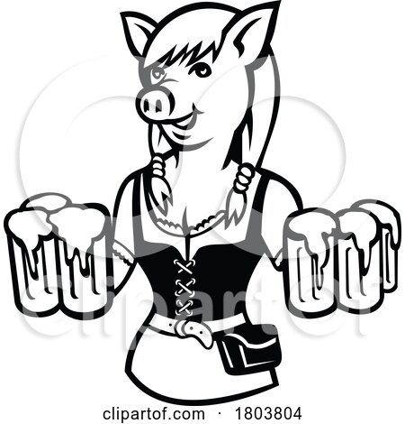 Lady Pig Oktoberfest Waitress Beer Maid Wearing Dirndl Serving Beer Retro by patrimonio
