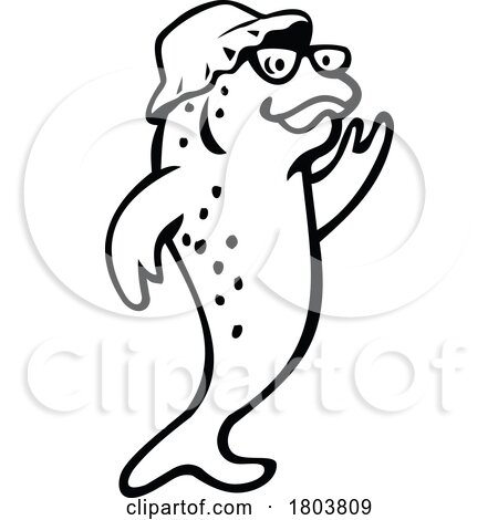 Salmon or Trout Fish Wearing Bucket Hat Waving Hello Standing Mascot Black and White by patrimonio