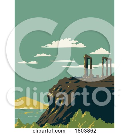 Cape Sounion with Temple of Poseidon Ruins Greece WPA Art Deco Poster by patrimonio