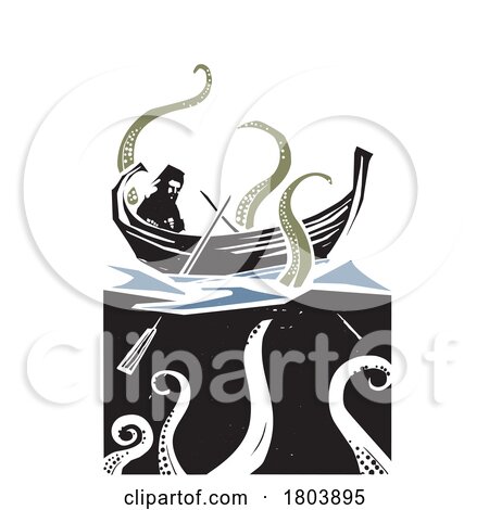 Woodcut Style Boat with Sea Monster by xunantunich