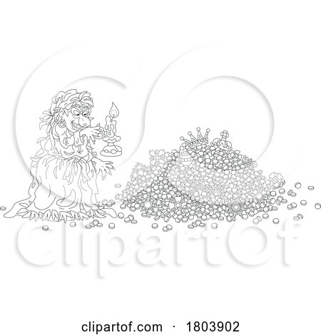 Cartoon Black and White Halloween Witch with Treasures by Alex Bannykh