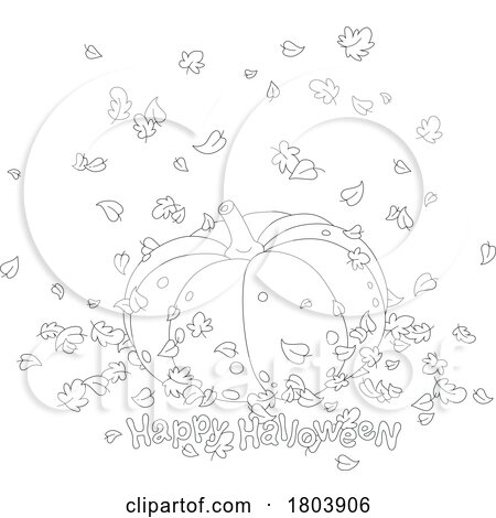 Cartoon Black and White Happy Halloween Greeting and Pumpkin with Autumn Leaves by Alex Bannykh