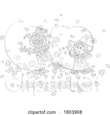 Cartoon Black and White Happy Halloween Greeting and Witch Girl by Alex Bannykh