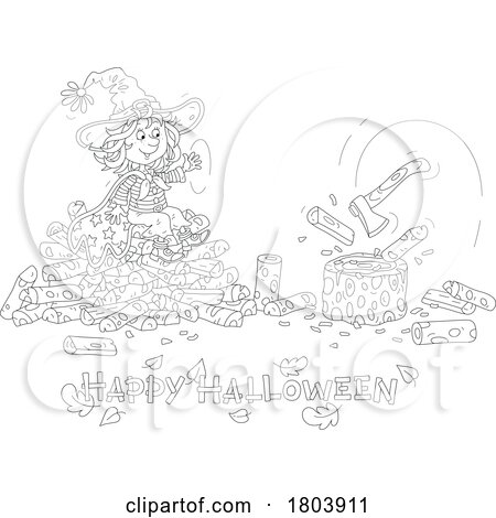 Cartoon Black and White Happy Halloween Greeting and Witch Girl by Alex Bannykh