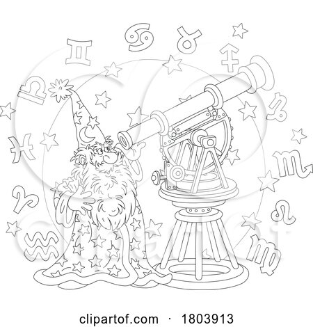 Cartoon Black and White Wizard Looking Through a Telescope in a Circle of Zodiac Astrology Symbols by Alex Bannykh