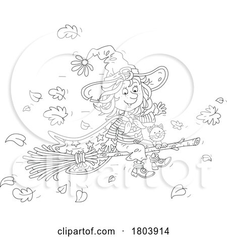 Cartoon Black and White Halloween Witch Girl by Alex Bannykh