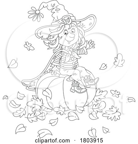Cartoon Black and White Halloween Witch Girl Sitting on a Pumpkin by Alex Bannykh