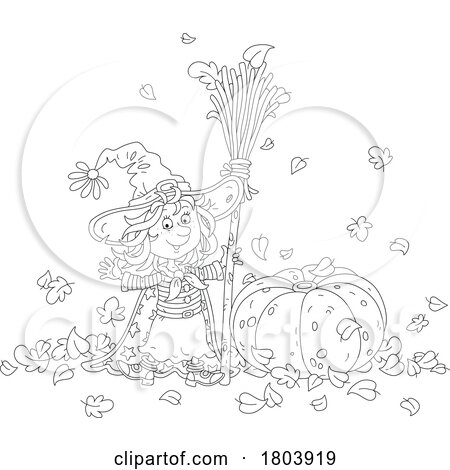 Cartoon Black and White Halloween Witch Girl Holding a Broom by a Pumpkin by Alex Bannykh