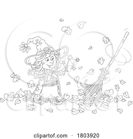 Cartoon Black and White Halloween Witch Girl Sweeping up Leaves WiIth Magic by Alex Bannykh