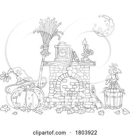 Cartoon Black and White Halloween Witch Hat on a Pumpkin by a Hearth by Alex Bannykh