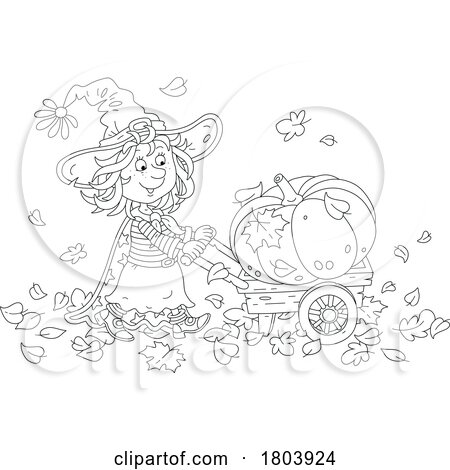 Cartoon Black and White Halloween Witch Girl Pushing a Pumpkin by Alex Bannykh