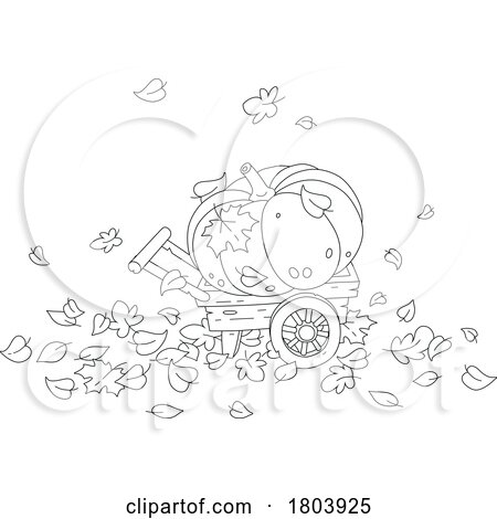 Cartoon Black and White Pumpkin in a Wagon with Autumn Leaves by Alex Bannykh