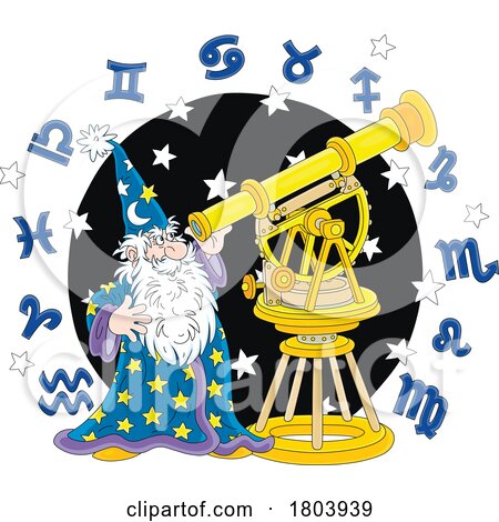 Cartoon Wizard Looking Through a Telescope in a Circle of Zodiac Astrology Symbols by Alex Bannykh
