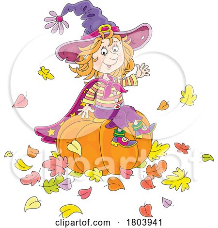 Cartoon Halloween Witch Girl Sitting on a Pumpkin by Alex Bannykh